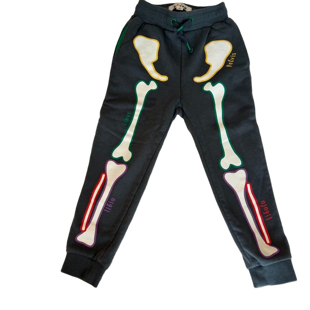 Mini Boden Pants Kids 3Y Gray Skeleton Jogger Fleece GLOW IN THE DARK Drawstring